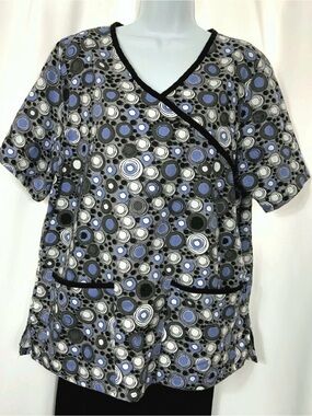 TAFFORD UNIFORMS Womens Size Medium Black Gray Circles V-Neck Cotton SCRUBS Top